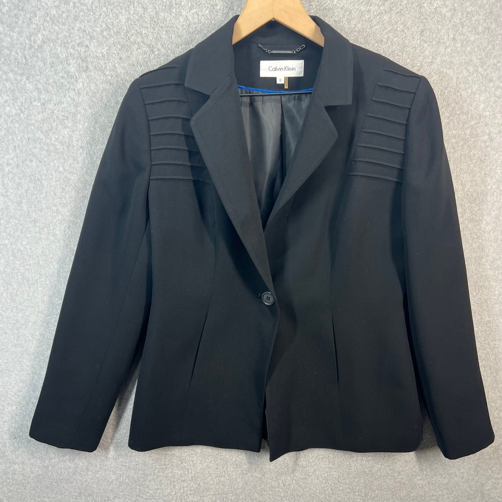 Calvin Klein Womens Black Single Button Pleated Shoulder Blazer Jacket Size 8